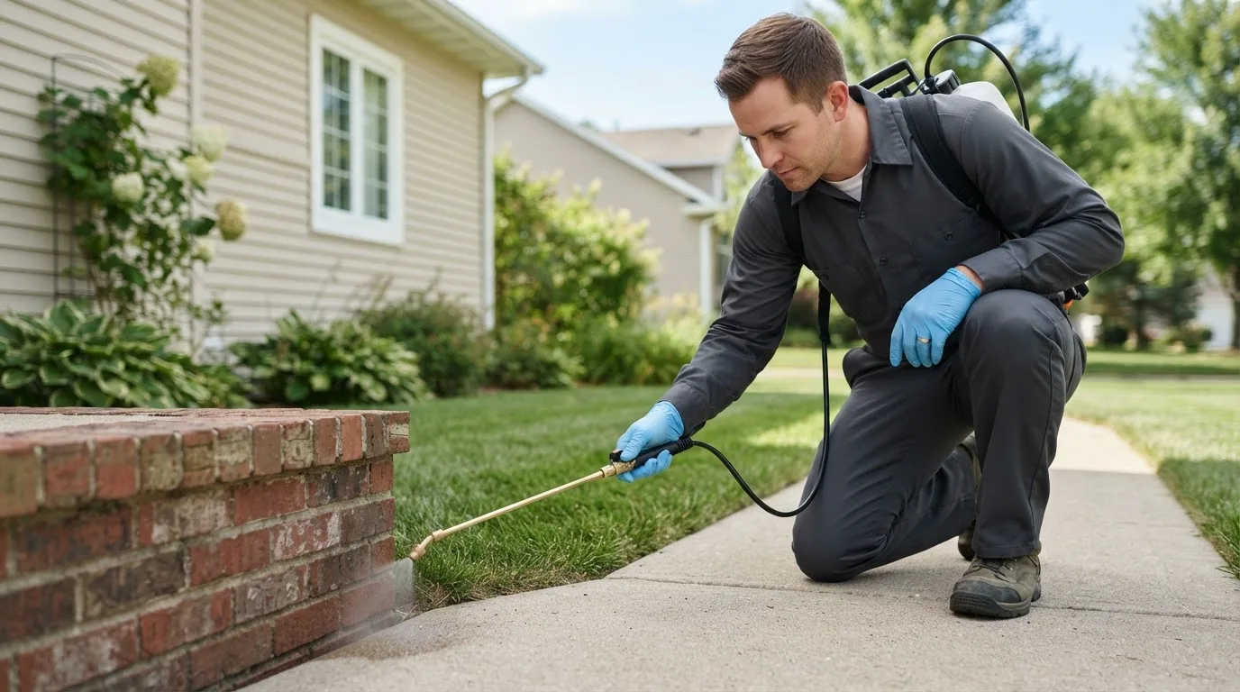 Pest control technician treating a home near West Newton, IN